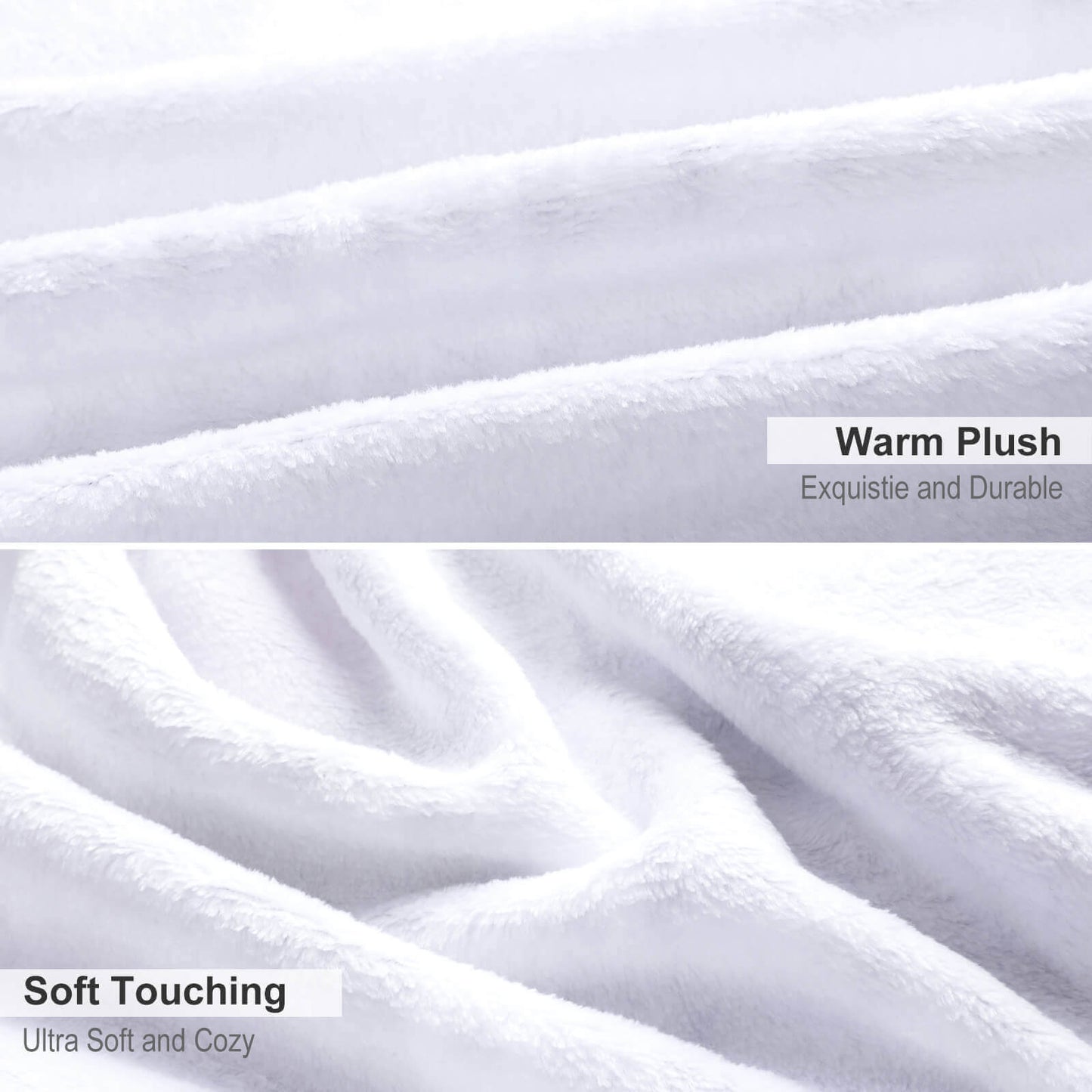 Soft white plush blanket with smooth texture, warm and cozy, shown in close up folds