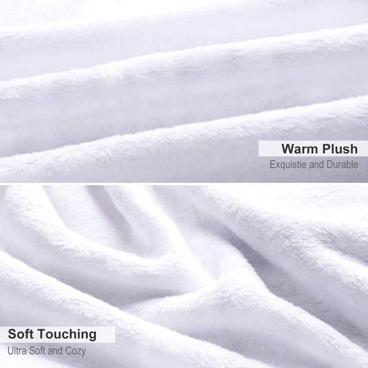 Soft white plush blanket with smooth texture, warm and cozy, shown in close up folds
